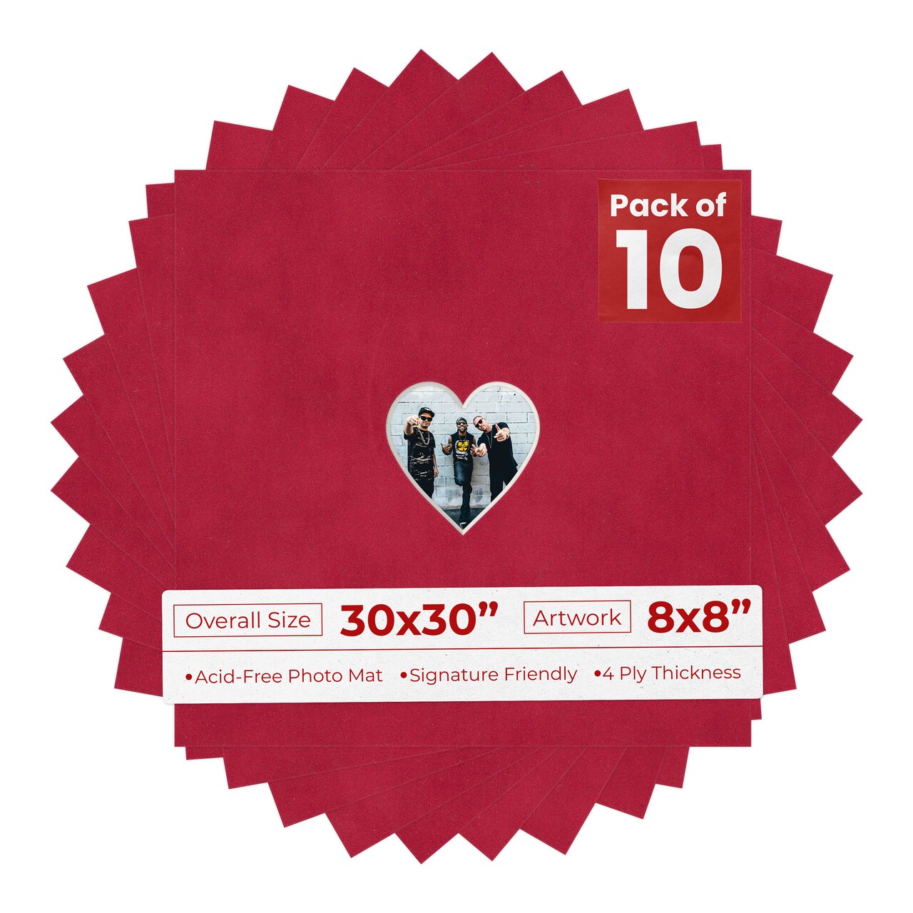 Red Suede Mat Board for 30x30 Frames - Heart Opening for 8x8 Photos